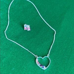 NEW Set of Necklace heart with Aurora Borealis glass and earrings white pink etc